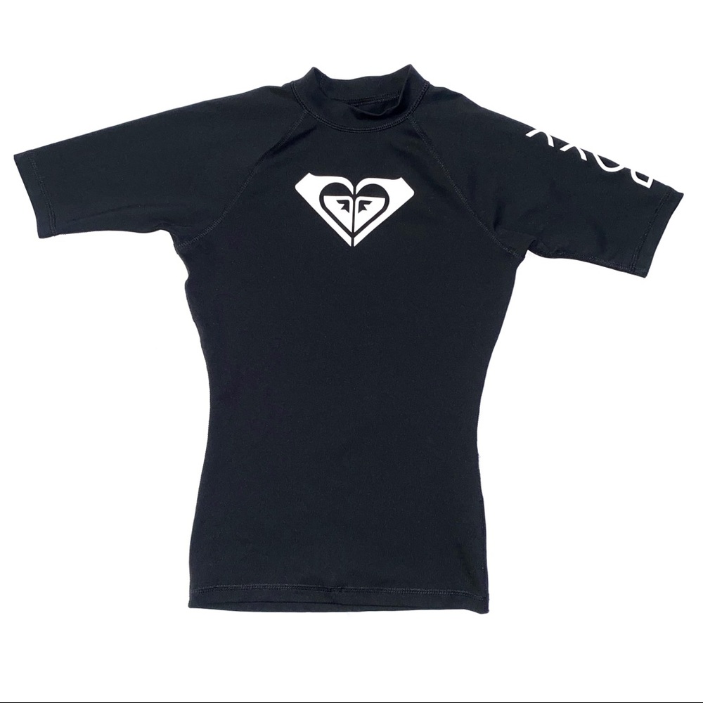 Roxy black white front logo rash guard short sleeve swim top